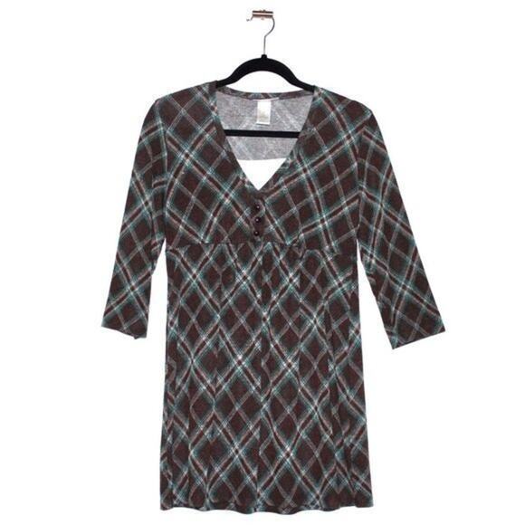 Petite Sophisticate Tunic Top Size Small Plaid Brown and Blue - Picture 1 of 2